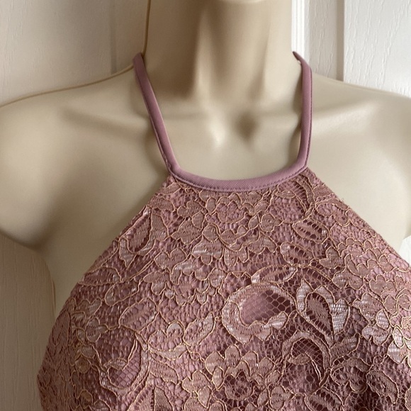 David's Bridal Rose Gold Metallic Open-Back Lace Long Bridesmaid Dress Size 8 - Picture 6 of 14